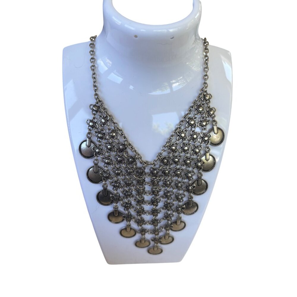 Vintage-Inspired tribal Silver-Tone Bib Necklace With Layered Coin Pendant Desig